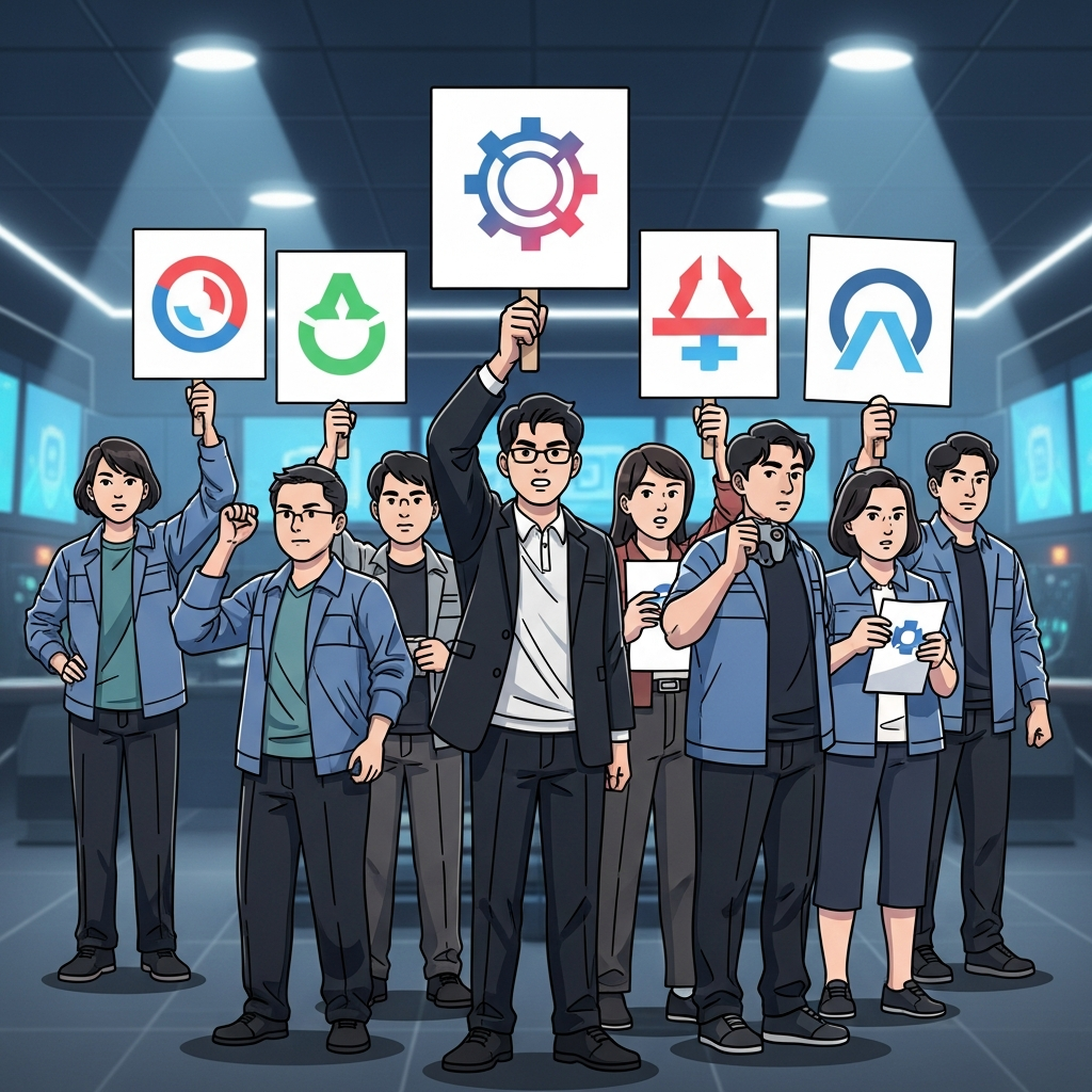 An illustration depicting a group of Korean game developers standing together, some holding signs with abstract symbols representing 'union' or 'rights'. The background shows a modern game studio environment with subtle lighting, but the focus is on the developers' determined expressions. Style: clean infographic, high contrast. No visible text.