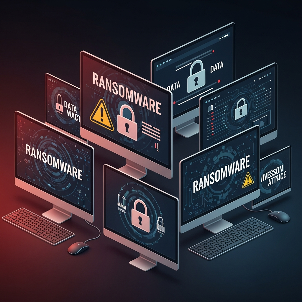 A digital illustration of multiple computer screens displaying alarming ransomware messages, with data locks and warning signs. The screens are arranged in a dynamic, slightly chaotic way, hinting at a widespread attack. The background is a dark, tech-themed setting with subtle red glow, suggesting urgency and danger. Style: Clean infographic, modern layout, high contrast. No text.