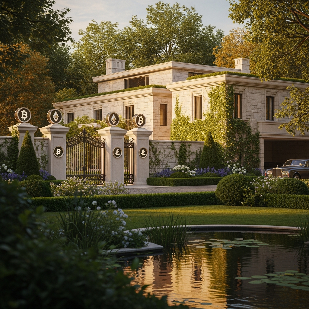 A luxurious, secluded mansion in Hampstead, London, with a subtle hint of digital currency symbols subtly integrated into the architectural design. The scene conveys wealth and hidden activities under a calm facade. Style: lifestyle photography, warm lighting, natural setting, no text.