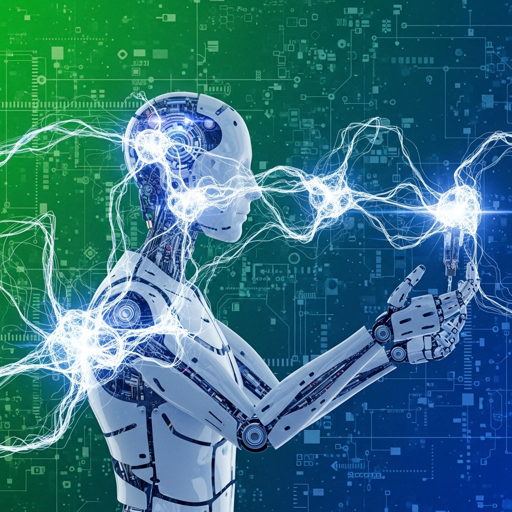 A dynamic depiction of advanced AI technology, represented by abstract glowing neural networks, powering a humanoid robot that performs complex tasks with dexterity. The robot could be shown making a precise movement or holding an object. Style: illustration, artistic rendering, textured background with tech patterns. Gradient background of green and blue.