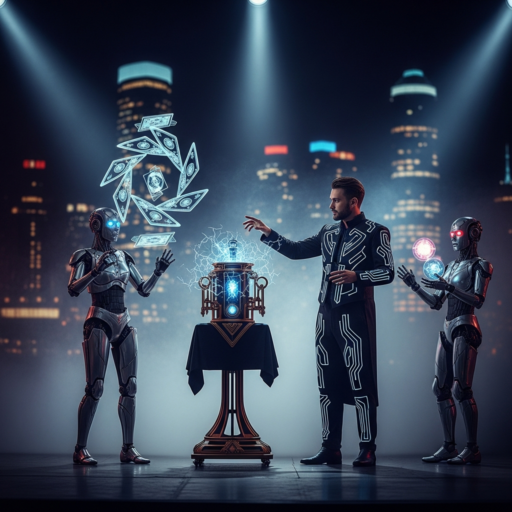 A futuristic magician on stage with two humanoid robot assistants performing a complex magic trick. The stage is dimly lit with spotlights on the performers, creating an atmosphere of wonder. Style: lifestyle photography with a touch of theatrical lighting. No text.