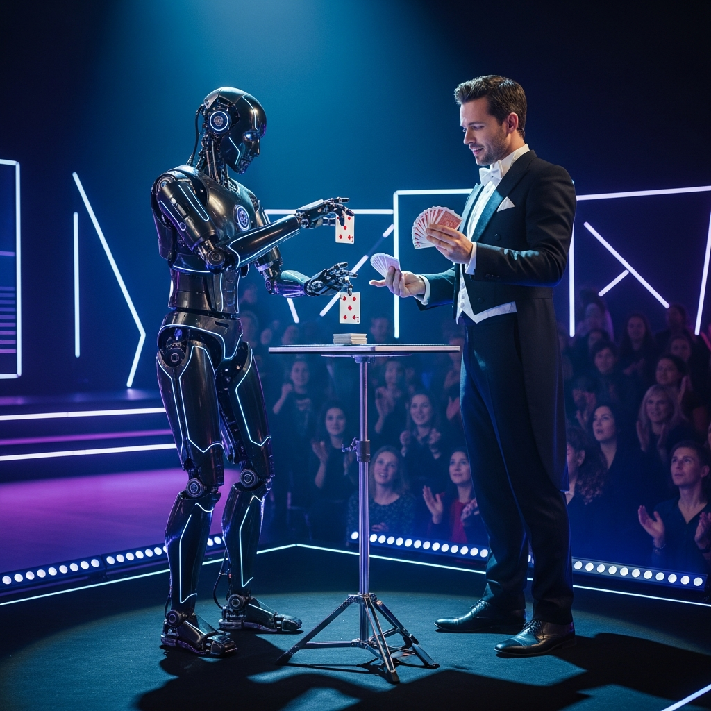 Humanoid robot and human magician performing card tricks on stage, sophisticated robotic movements, theatrical lighting with blue and purple hues, amazed audience in background, high-tech performance setting, no text