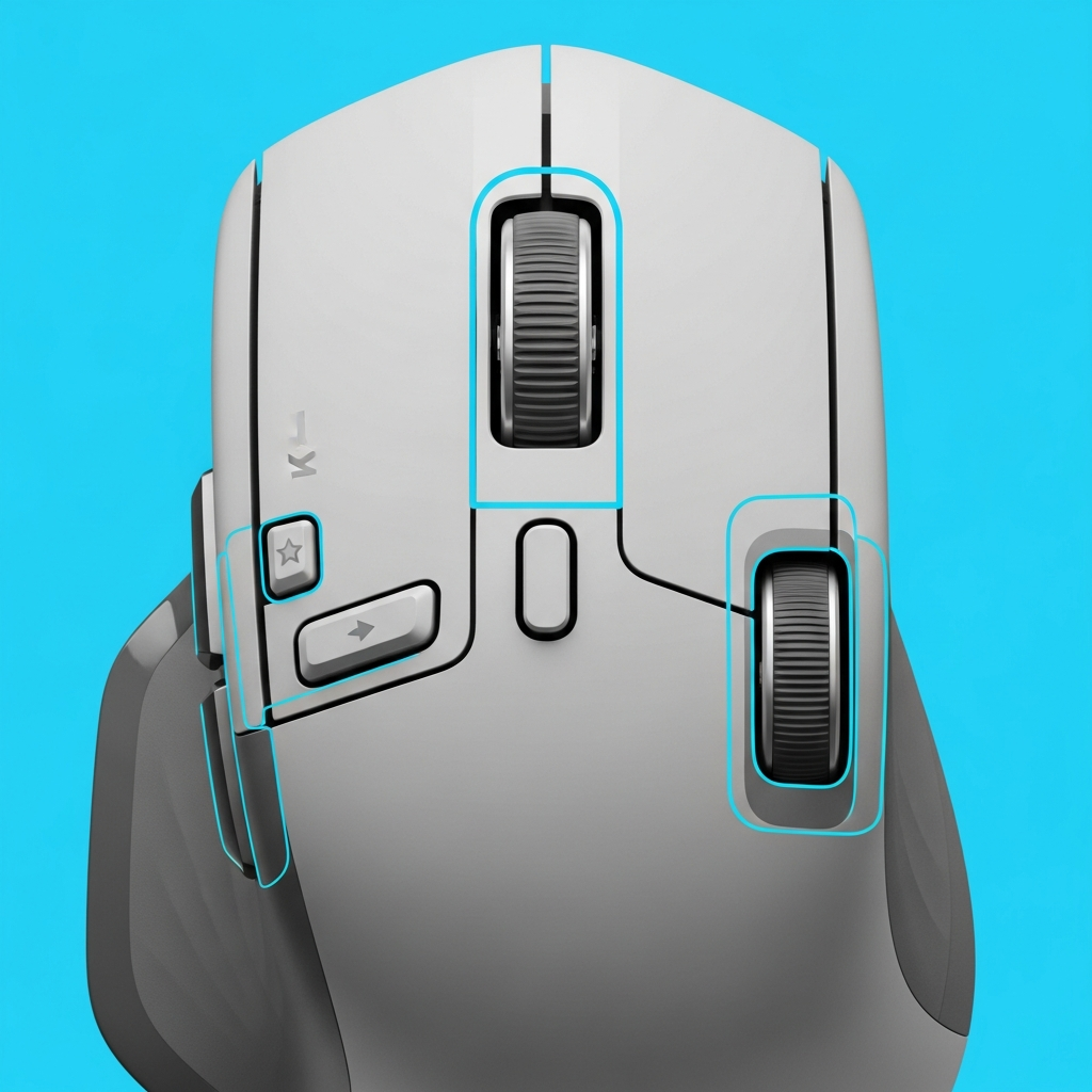 A close-up of a Logitech MX Master 4 mouse, highlighting its multiple programmable buttons and two scroll wheels. Style: clean infographic, modern layout, high contrast, balanced lighting, colored background, no text.