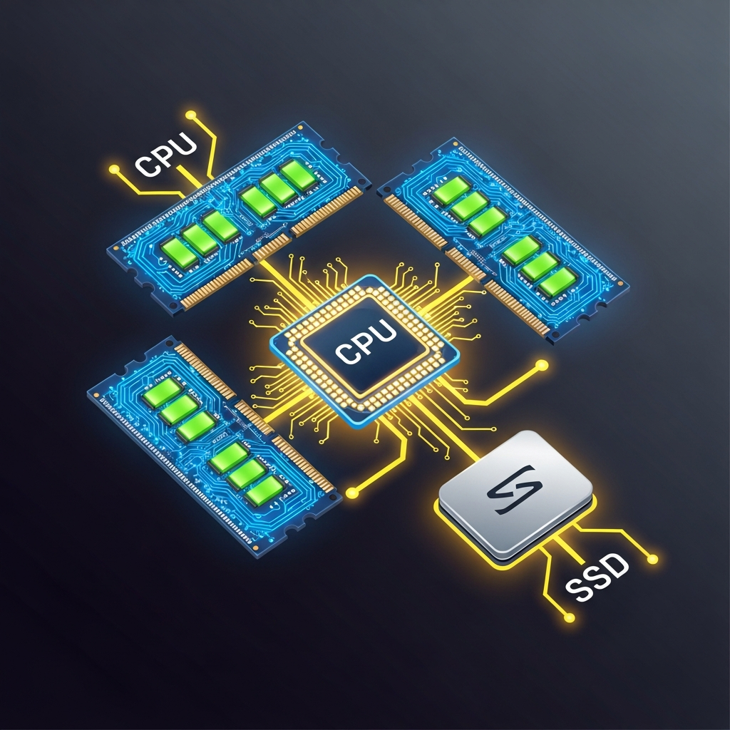 A stylized infographic showcasing the internal components of a laptop, specifically highlighting CPU, RAM, and SSD. Clean, modern layout with high contrast colors against a dark gradient background. No visible text. Style: clean infographic.