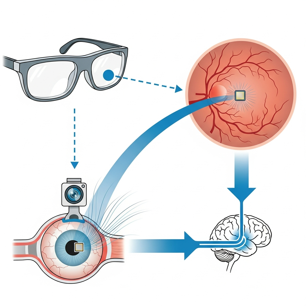 Clean infographic showing the process of a tiny 2mm-square photovoltaic microchip being inserted under the retina, connected to special glasses with a camera. Illustrate the signal path from camera to implant to brain. No text.