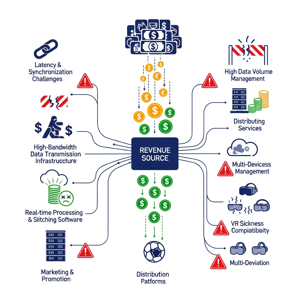 A clean infographic illustrating complex financial streams and technical hurdles for live VR sports broadcasting. Show money symbols flowing into various expensive equipment and licensing bodies, with a complex network diagram. Style: modern layout, high contrast. No text.