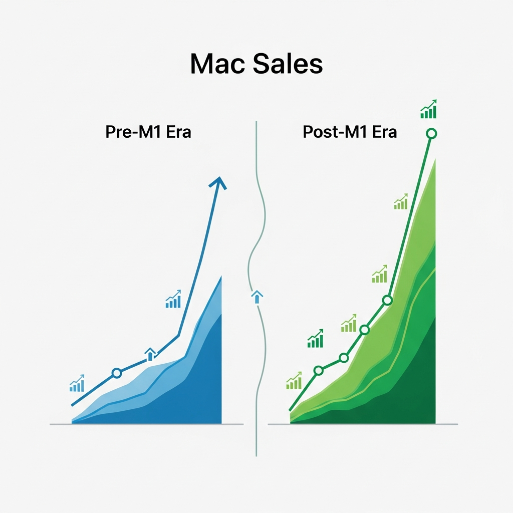 A clean business infographic showing Mac sales growth comparison between pre-M1 and post-M1 eras, upward trending charts, modern corporate design, blue and green color scheme, professional presentation style, no text