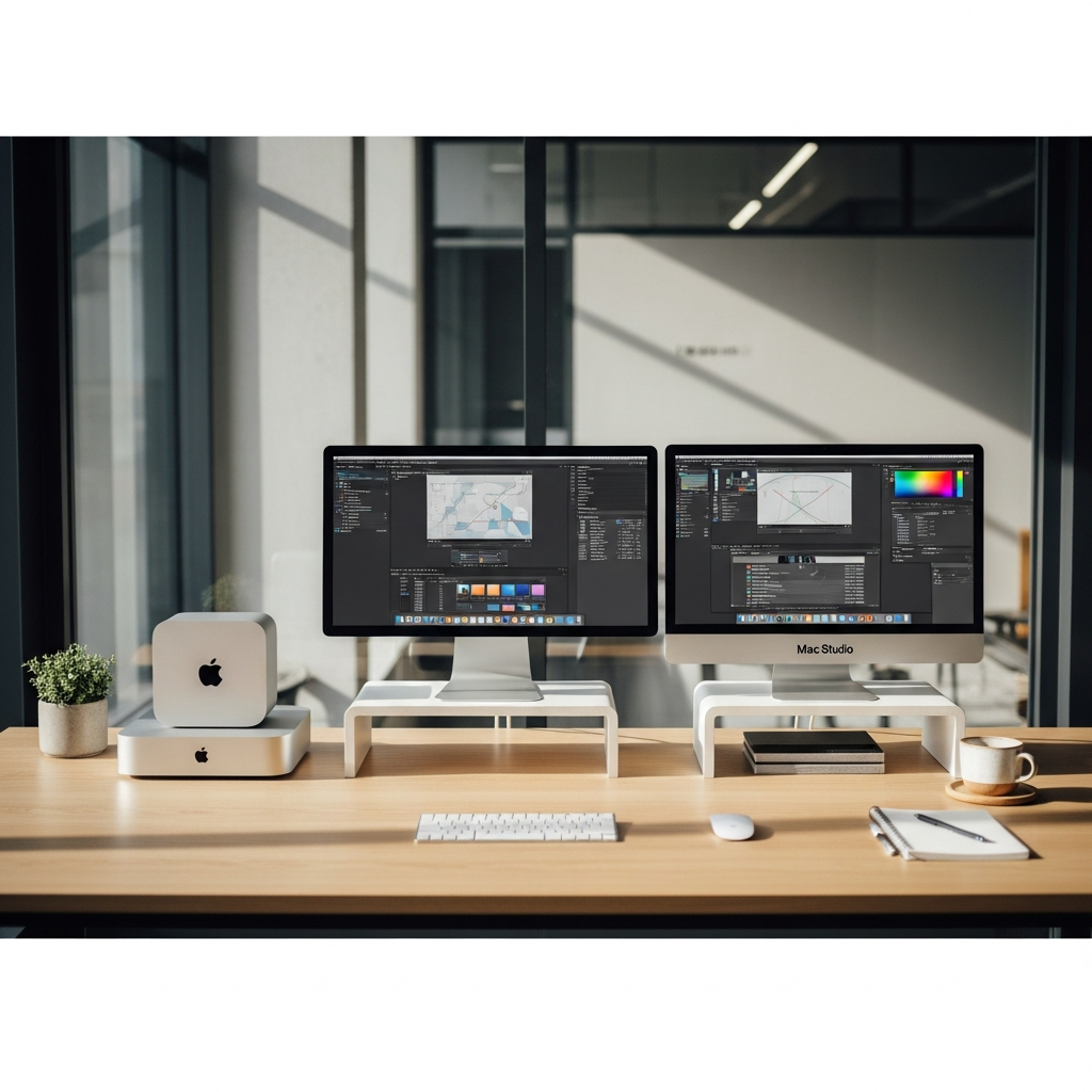 Apple Mac mini and Mac Studio desktop computers on modern desk setup, professional creative workspace, multiple monitors, clean minimalist design, natural lighting, contemporary office interior, no text