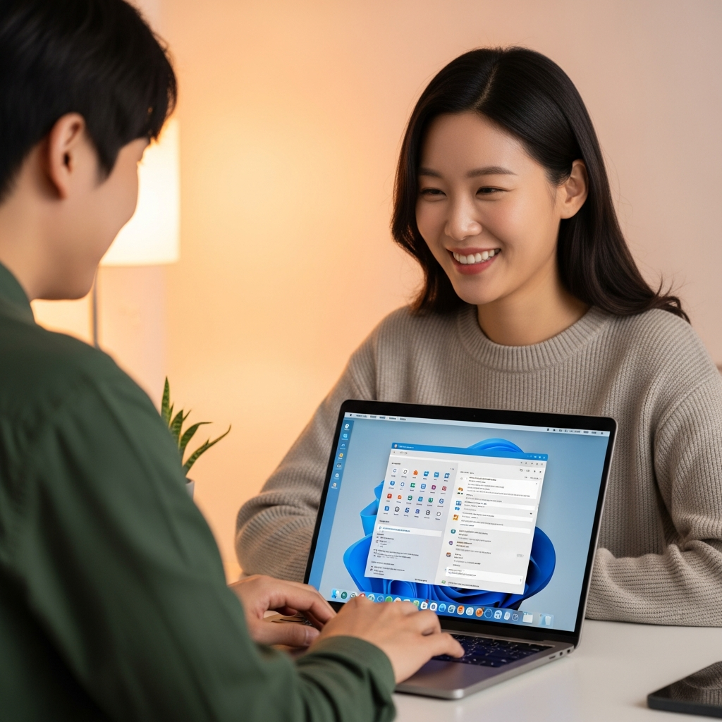 A cheerful Korean person using a MacBook with Microsoft Office applications open on the screen. The user looks satisfied, working in a modern, well-lit home office setting. The background is a warm gradient, and the scene emphasizes productivity and ease of use. No visible text in image. Style: lifestyle photography.