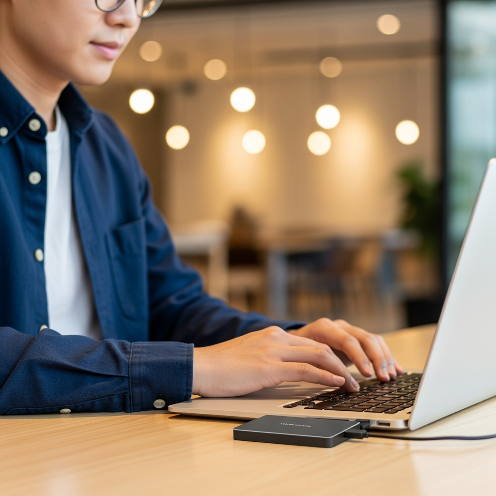 A Korean person, possibly a creative professional or student, is working on a MacBook in a modern, well-lit cafe or home office. An external SSD is discreetly connected, symbolizing expanded storage and efficiency. The background is a soft-focus interior with warm lighting. Style: lifestyle photography. No visible text. Clear focus on the interaction with the Mac and the SSD.