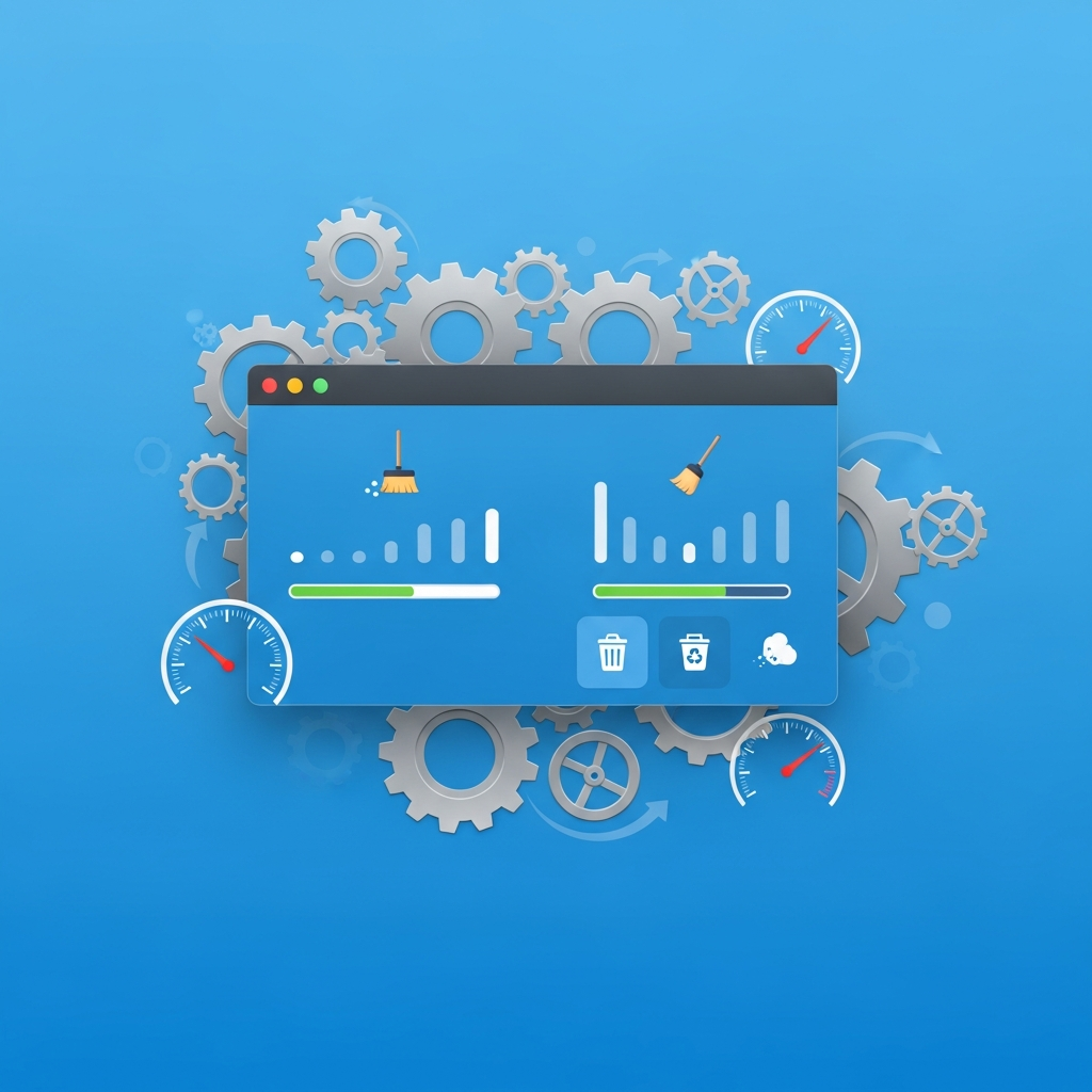 Clean infographic illustrating a macOS system being optimized. Represented by gears and speedometers, with a clean UI showing progress bars and cleaning tools. The background is a bright, clear blue. Style: modern layout, high contrast. No text.