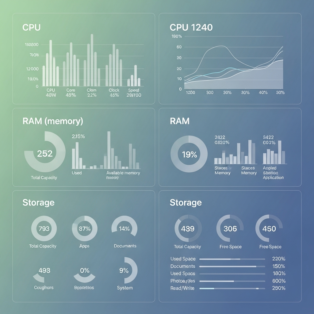 Infographic showing various data points and metrics related to a Mac's internal components, such as CPU, RAM, and storage, displayed in a clean, organized interface. The background is a subtle gradient of green and blue. Style: clean infographic, high contrast. No text.
