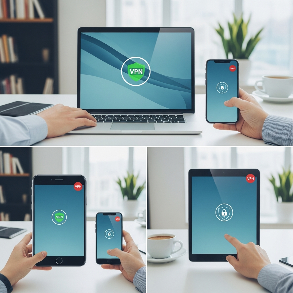 A Korean user on a MacBook, iPhone, and iPad simultaneously, showing secure internet browsing with a VPN icon subtly integrated. The scene should convey privacy and convenience, with a modern home office or cafe background. Style: clean infographic, modern layout, high contrast. No visible text in image.