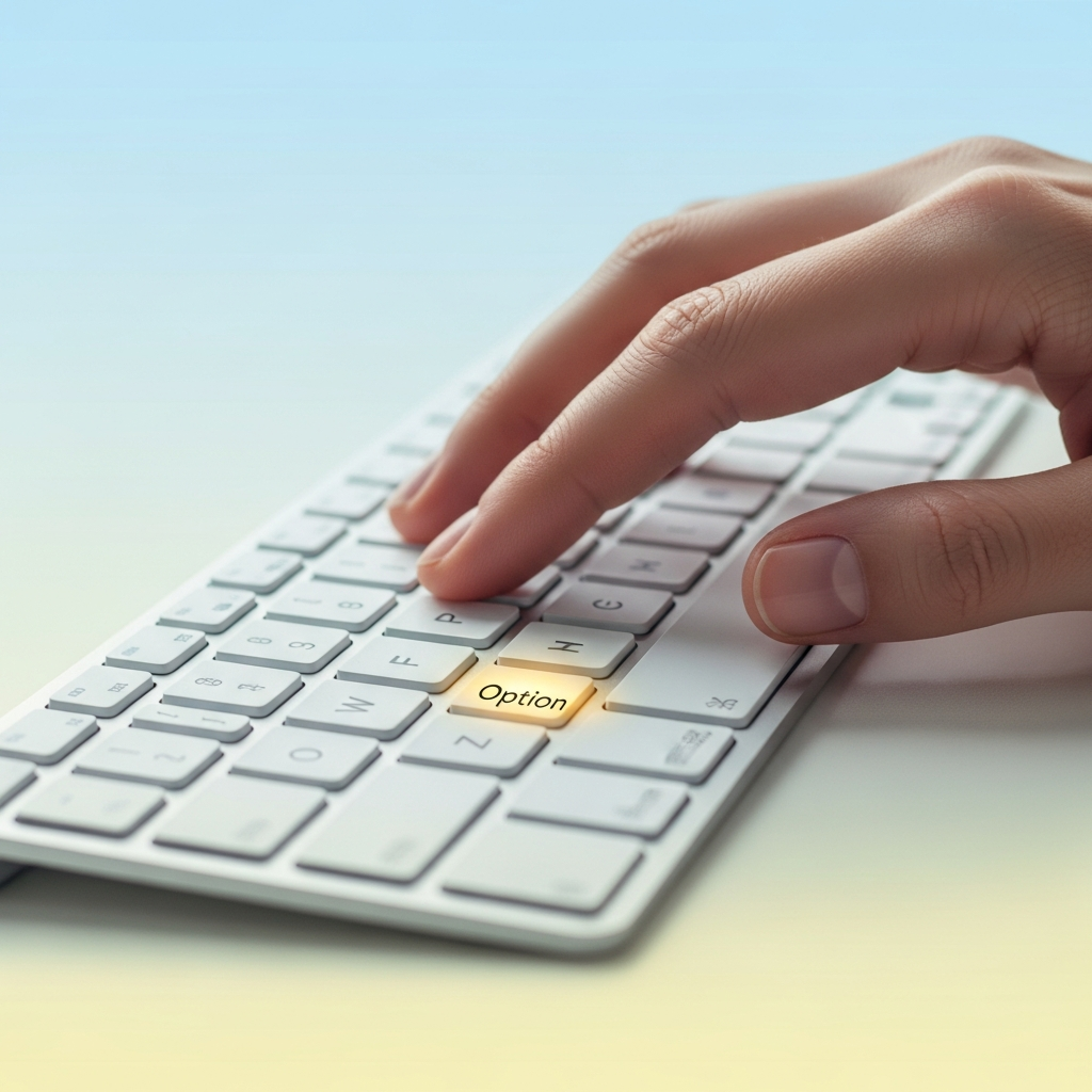A modern, clean infographic showing a person's hand typing on a Mac keyboard. The "Option" key is highlighted with a subtle glow. The background is a soft, gradient color, indicating productivity and discovery. No visible text, clean layout, high contrast.
