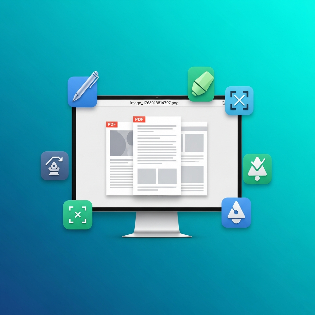 Clean infographic, modern layout, high contrast showing a Mac screen with a PDF document open, surrounded by various editing tools. The focus is on productivity and ease of use. Colored background, no visible text.