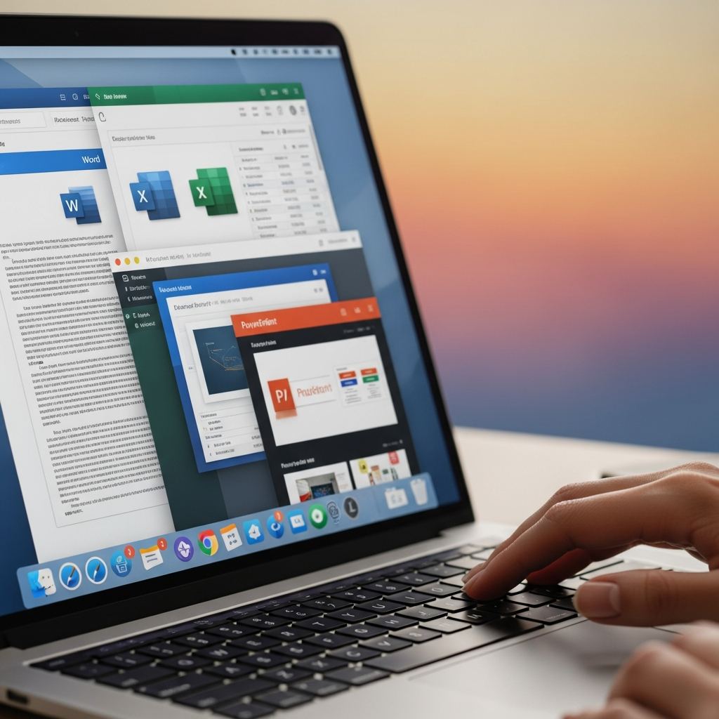 A close-up shot of a MacBook screen displaying multiple Microsoft Office applications (Word, Excel, PowerPoint) open simultaneously, demonstrating seamless multitasking. The user's hand is visible on the trackpad, indicating active use. The background is a soft, textured gradient. No visible text in image. Style: lifestyle photography.