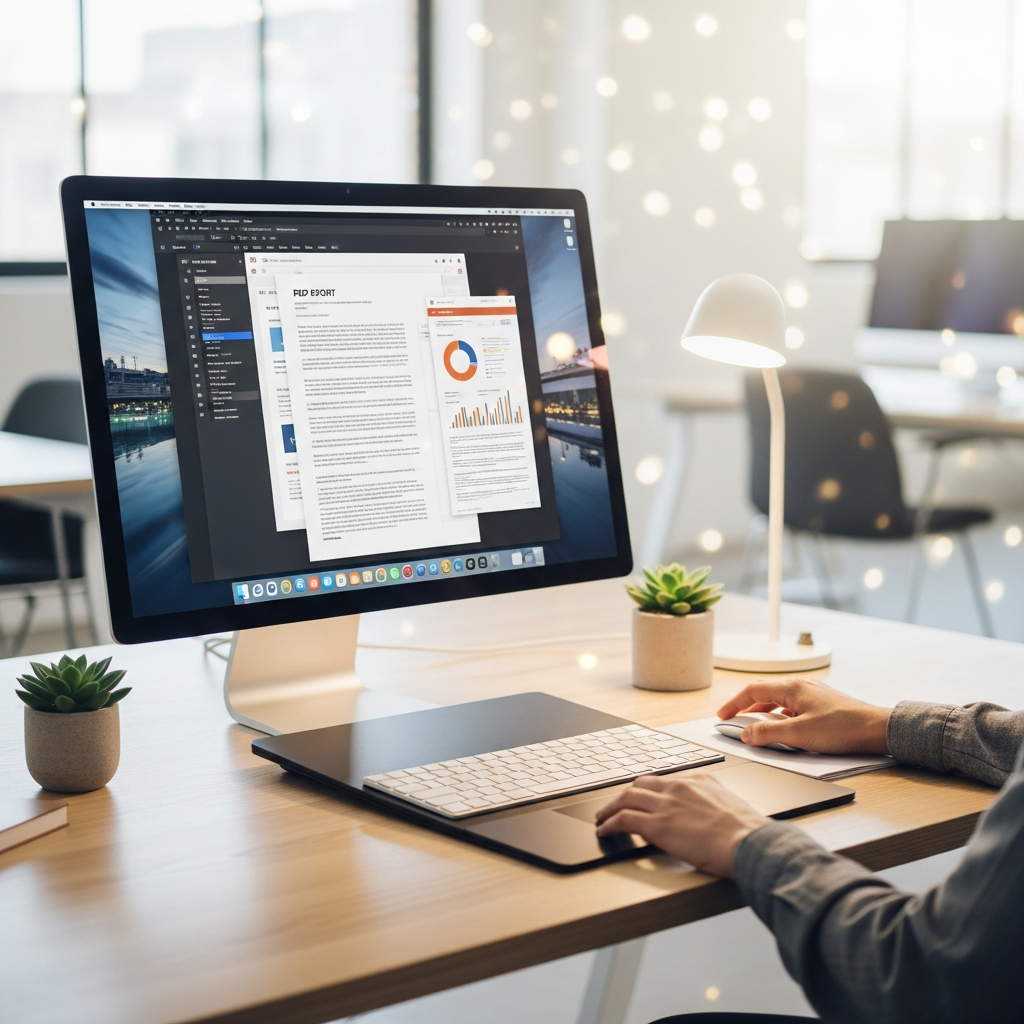 A modern Mac setup with an open PDF document on the screen, a person's hands are comfortably interacting with the trackpad, symbolizing effortless PDF editing. Clean, bright office setting, lifestyle photography, no text.