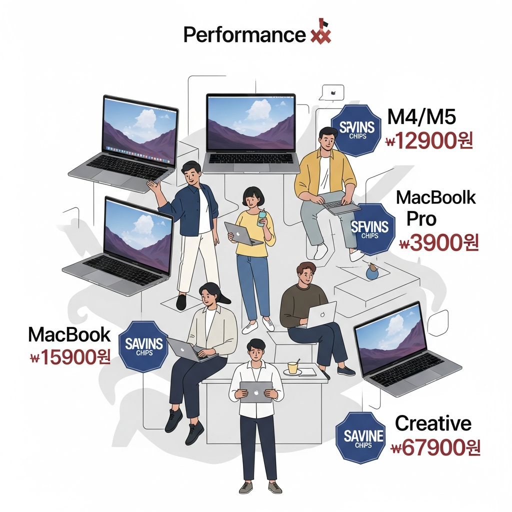 A dynamic infographic-style illustration showcasing various MacBook models (Air, Pro with M4/M5 chips) alongside discounted price tags. The illustration should highlight performance aspects and savings, with a modern layout and high contrast. A diverse group of people (Korean appearance) are using the MacBooks in different settings (work, creative). No visible text. Style: clean infographic, modern layout, high contrast.