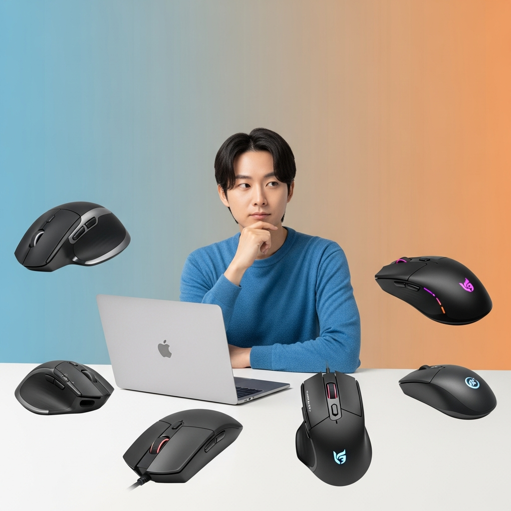A Korean man or woman looking thoughtfully at a variety of computer mice and a MacBook on a modern desk, clean infographic, modern layout, high contrast, balanced lighting, colored background, no text.