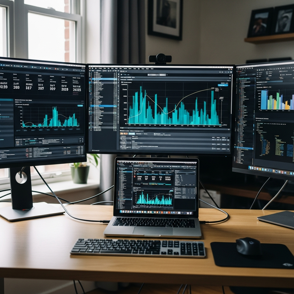 Professional workspace with MacBook Pro displaying performance monitoring software, multiple external monitors showing benchmark results, clean modern setup with natural lighting, tech enthusiast environment, no text