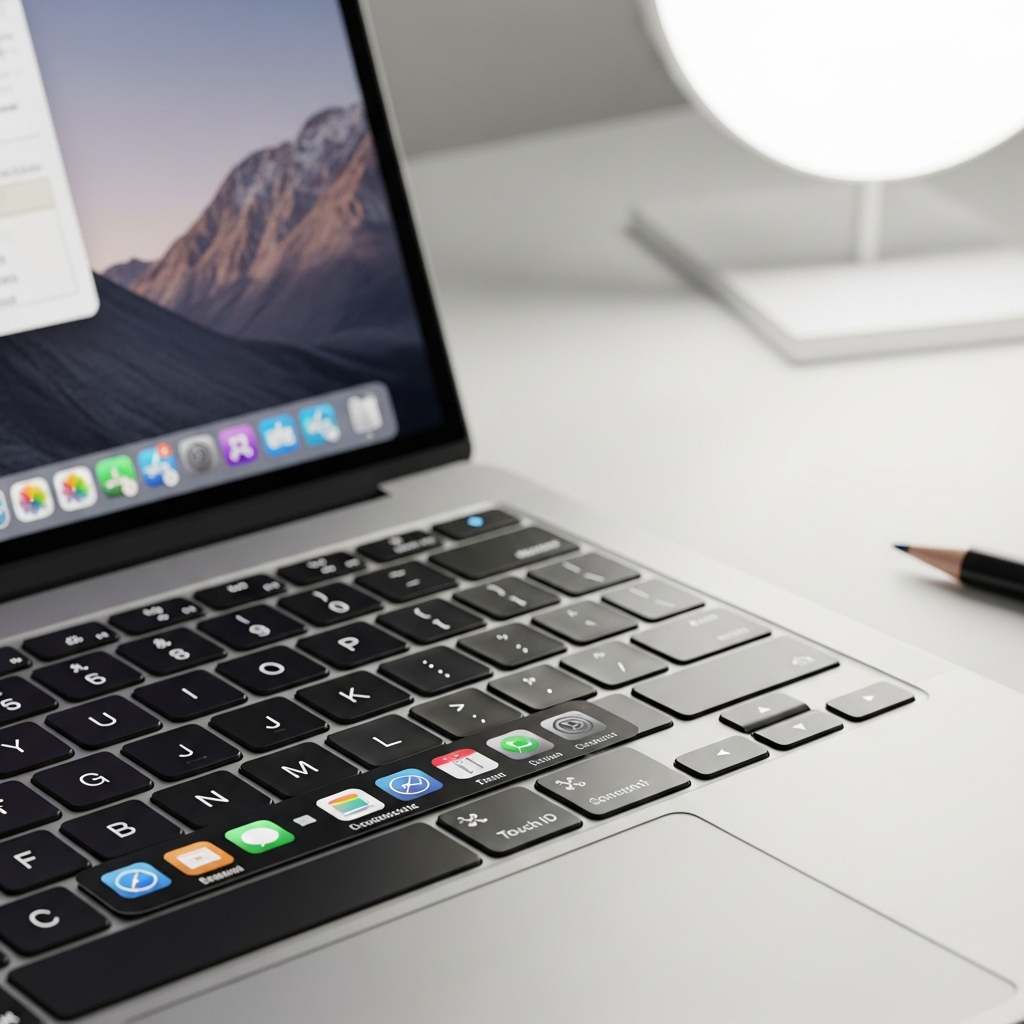 A close-up, high-angle lifestyle shot of a MacBook Pro's keyboard, clearly showing the Touch Bar with contextual icons, the Touch ID sensor, and multiple Thunderbolt 3 ports on the side. The background is a clean, modern desk with soft, diffused lighting. Style: lifestyle photography. No text.