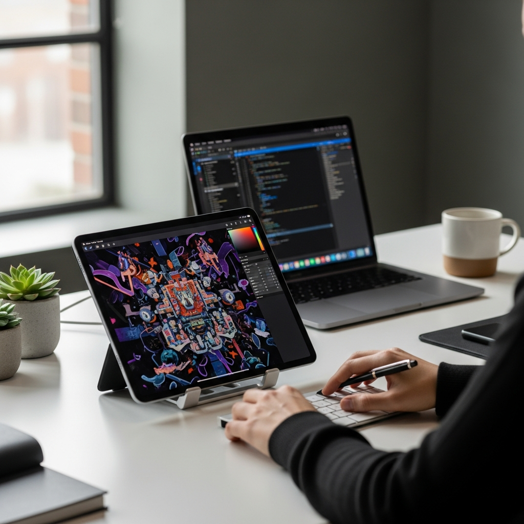Lifestyle photography of a user sitting at a desk, with an iPad Pro open on a stand and a MacBook Pro slightly visible in the background, suggesting that both devices are used for different tasks. Natural lighting, modern office setting, centered focus, no visible text.