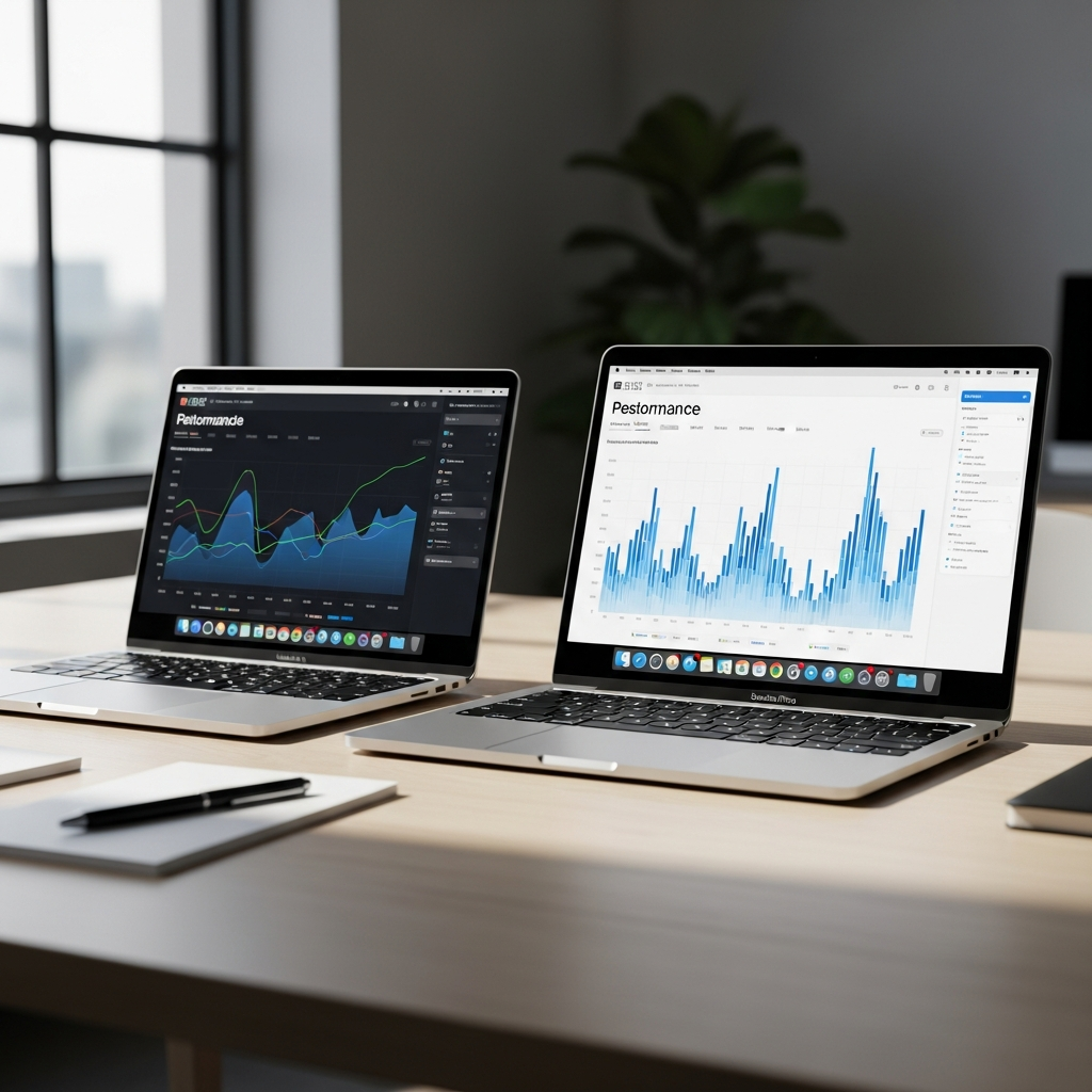 Two modern MacBook Pro laptops side by side on a clean desk, one slightly newer model, with performance charts and graphs displayed on screens, professional workspace setting with natural lighting, no text in image
