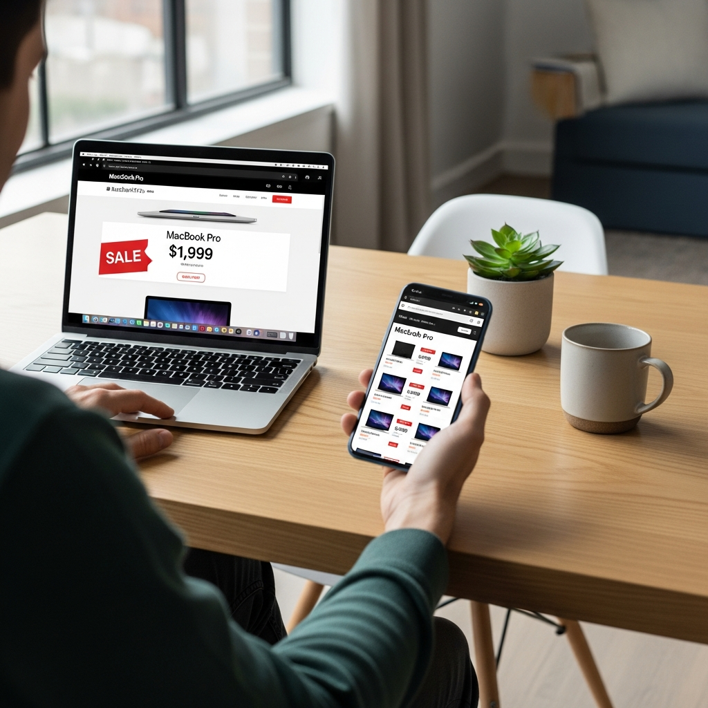 A modern lifestyle photography showing someone browsing MacBook Pro deals on multiple devices like laptop and smartphone, with shopping websites displaying discount prices, natural indoor lighting, clean minimalist setup, no text in image