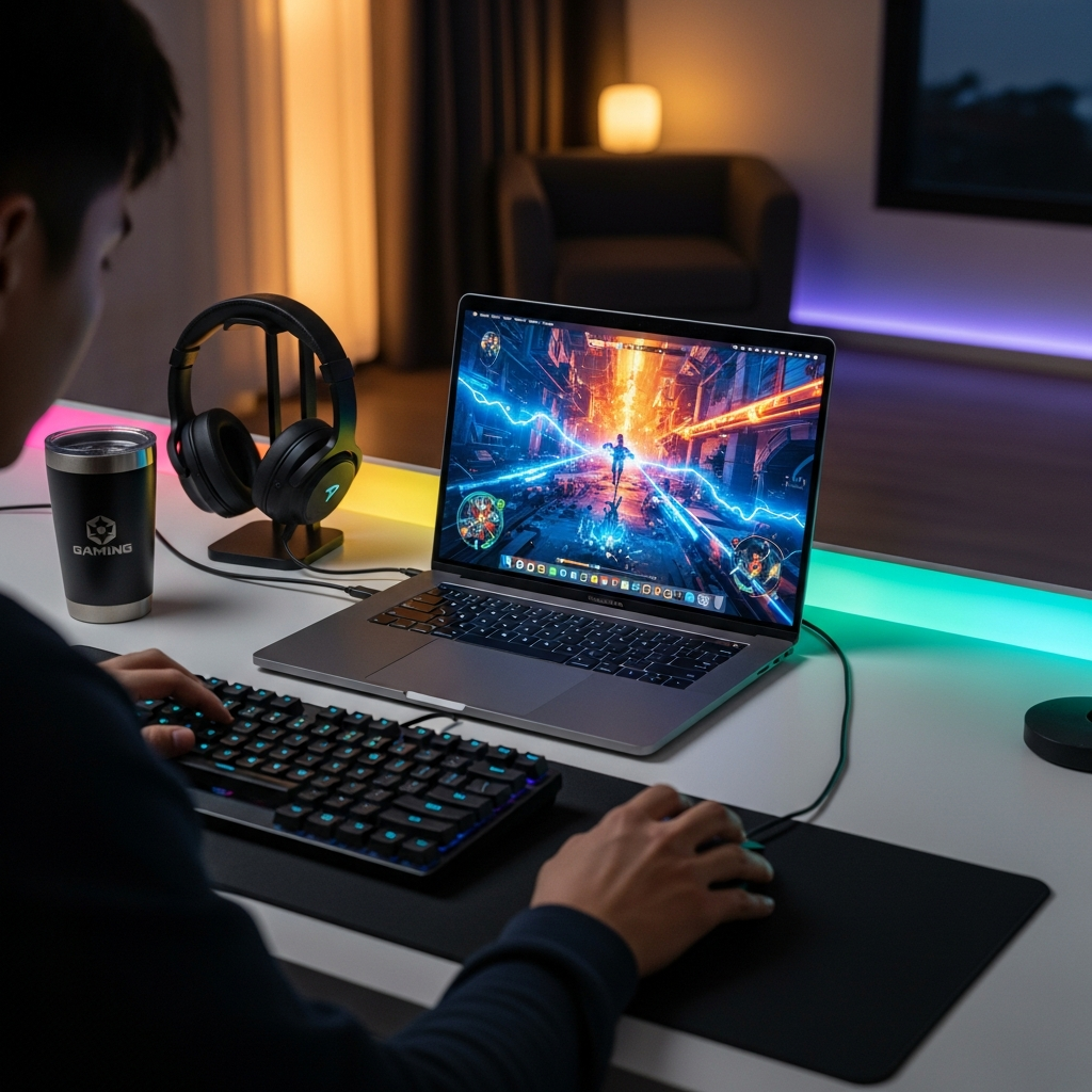 Person using MacBook Pro for gaming in a modern setup, colorful game graphics on screen, gaming accessories nearby, cozy evening lighting, lifestyle photography style, no text
