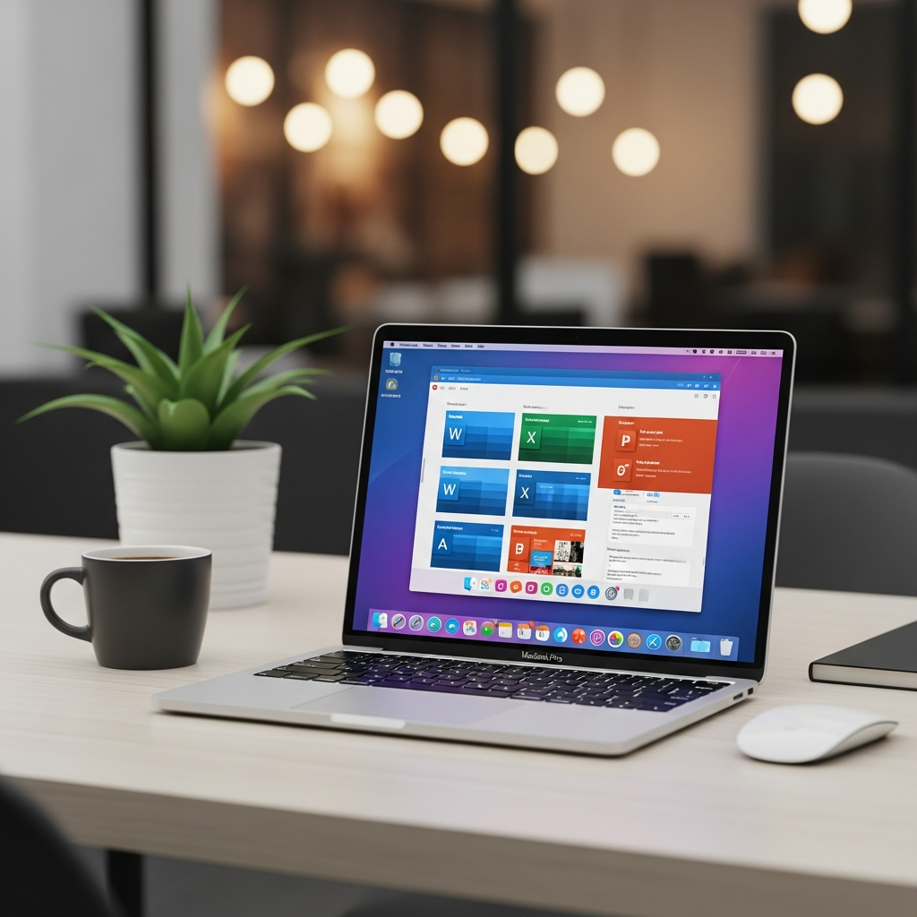 A sleek MacBook Pro laptop open on a modern wooden desk with Microsoft Office applications displayed on screen, professional workspace setup with warm ambient lighting, lifestyle photography, no text