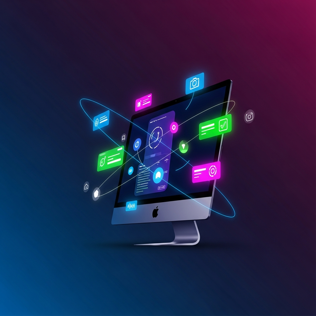 Clean infographic showing a stylized Mac computer with various glowing UI elements emerging from it, representing hidden features. The background is a gradient of deep blue and purple. Style: modern, high contrast. No text.