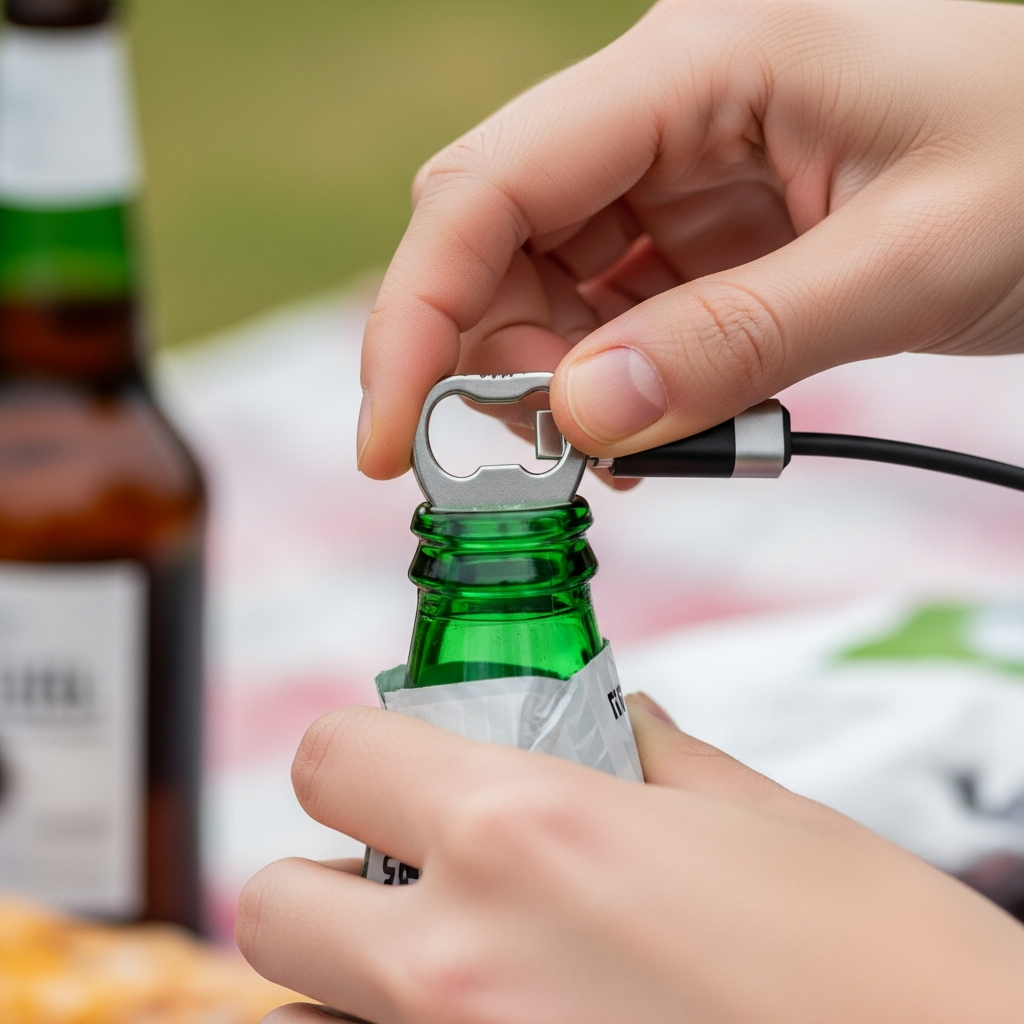 A close-up, action-oriented lifestyle photograph showing a hand using the integrated bottle opener and safe-proof cutter features of the 8-in-1 multi-charging cable in a practical scenario, like opening a drink bottle at a picnic or safely opening a package. Focus on the utility and clever design with good lighting. No text in image.