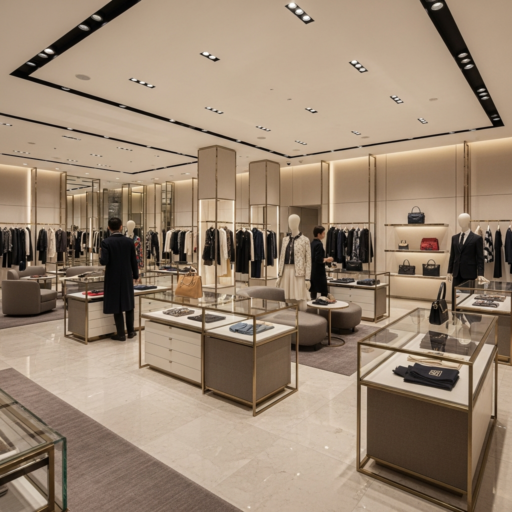 Elegant luxury retail store interior with Chinese customers browsing high-end fashion items. Sophisticated lighting, marble floors, and premium display cases. Realistic lifestyle photography showing modern retail experience.