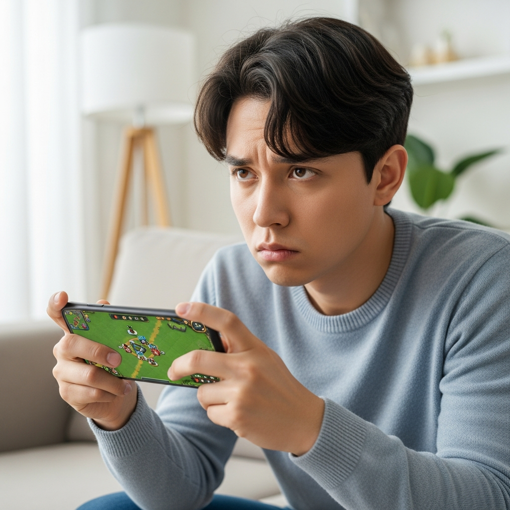 Lifestyle photography of a Korean user looking frustrated while playing a mobile strategy game on a smartphone. The user's expression shows boredom or annoyance, with tired eyes. The background is a modern living room with soft, natural lighting. The phone screen subtly shows game elements but no specific text. No visible text, especially no Korean characters.
