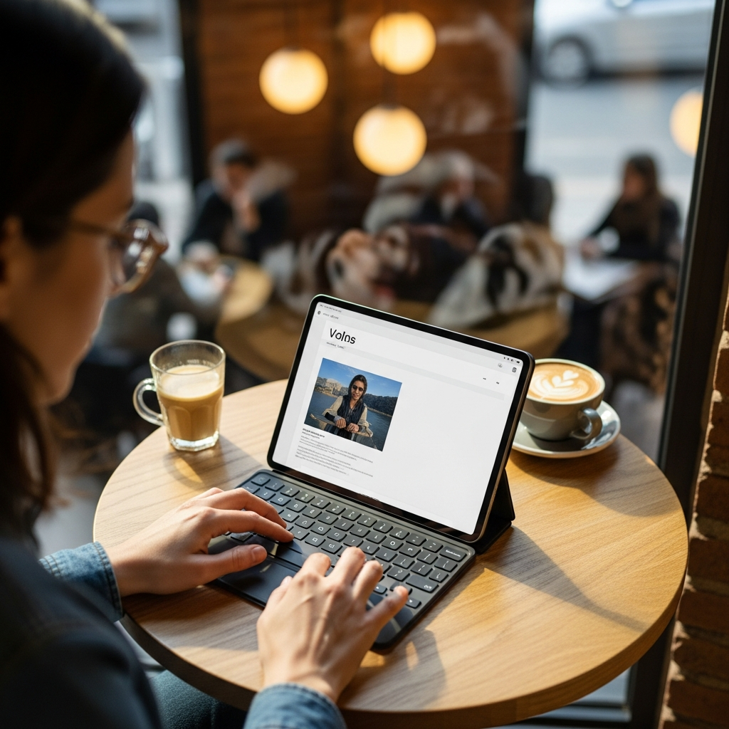 A dynamic, high-angle lifestyle shot of a person working efficiently on an iPad with a compact, portable keyboard in a bustling cafe. The setup is neat and focused, with gentle background blur. The lighting is bright and inviting, creating a productive atmosphere. No text.