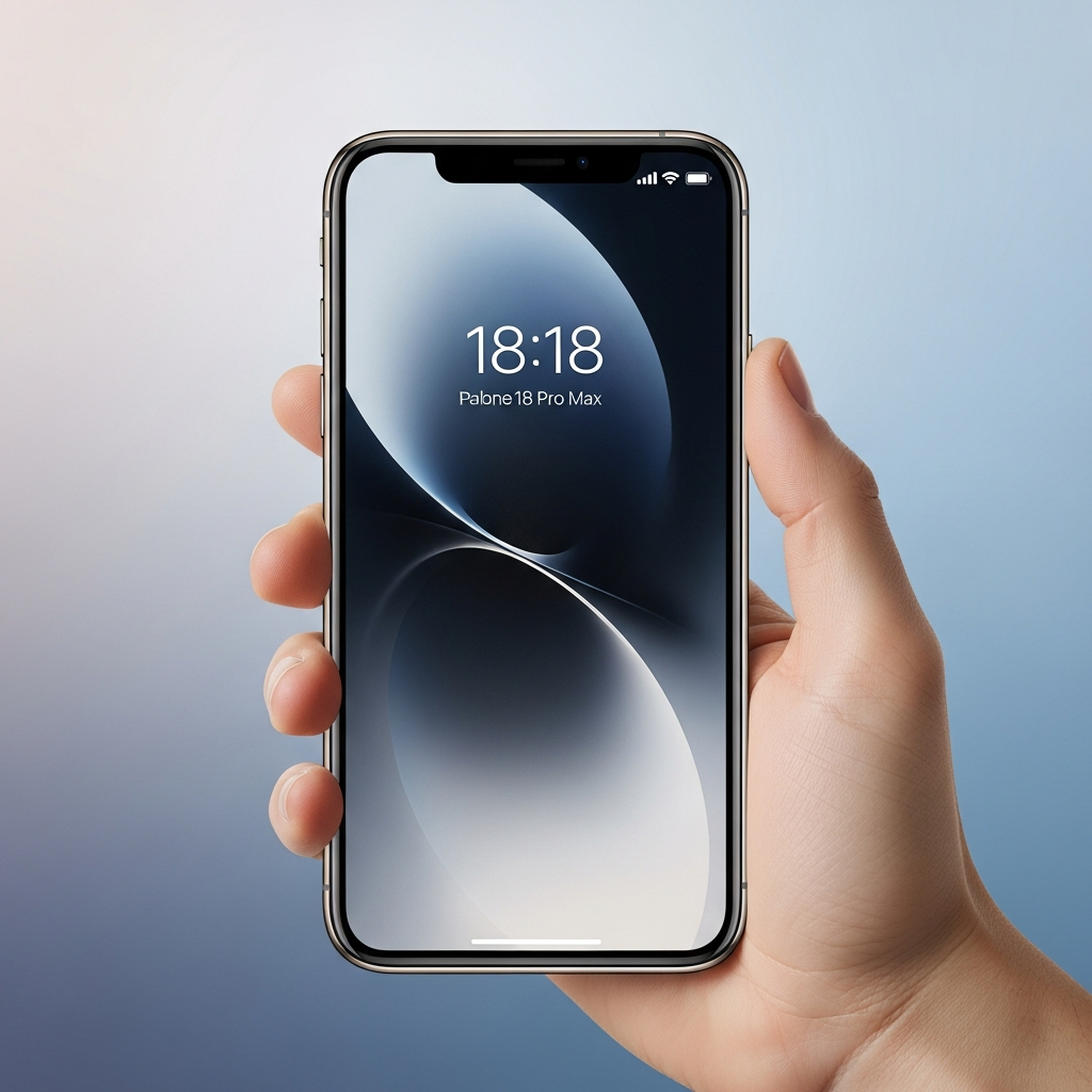 A sleek, modern smartphone, symbolizing the iPhone 18 Pro Max, in a user's hand. The phone appears substantial and powerful, with a vibrant, detailed screen. The background is a soft, gradient color, suggesting advanced technology and premium feel. No visible text, clean lines, bright balanced lighting, centered focus, Korean appearance.