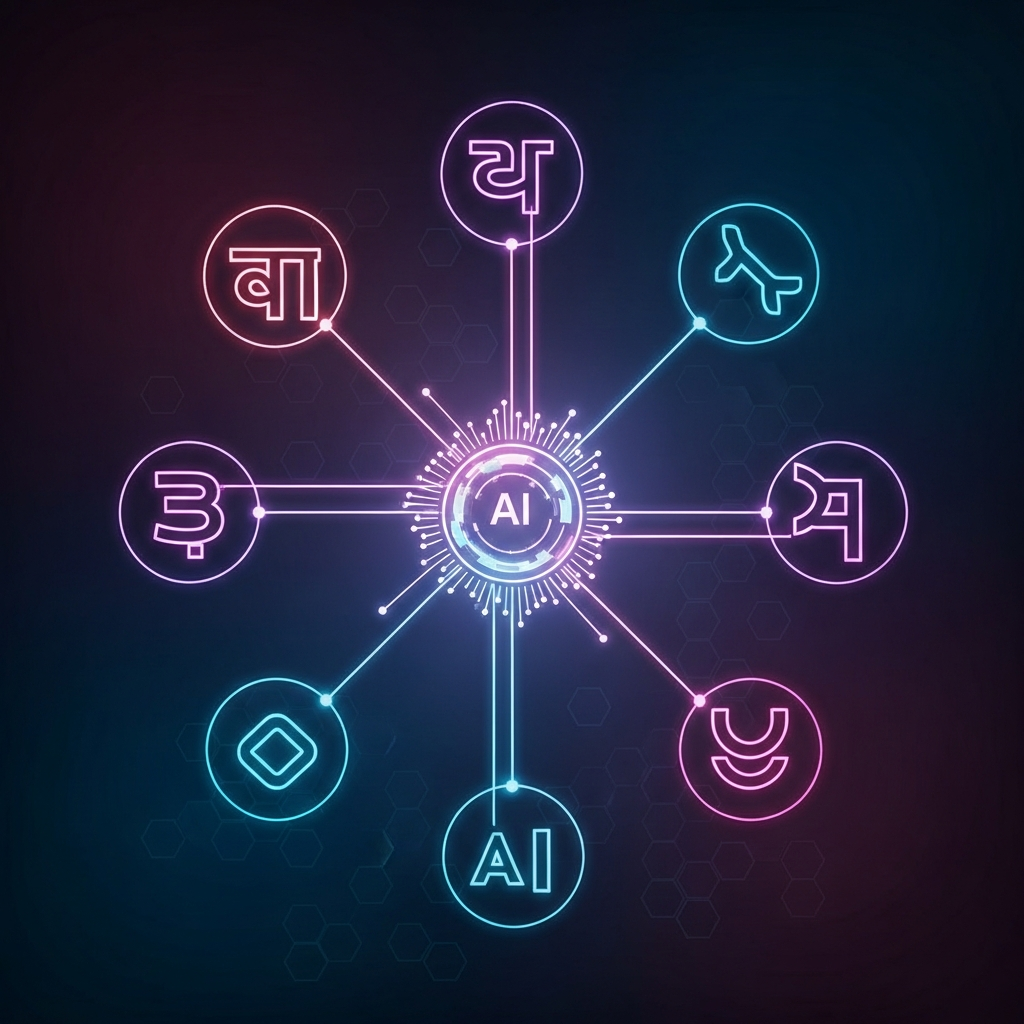 Abstract representation of advanced AI language translation technology, with glowing lines connecting different languages, futuristic, clean infographic, modern layout, high contrast, colored background, no text