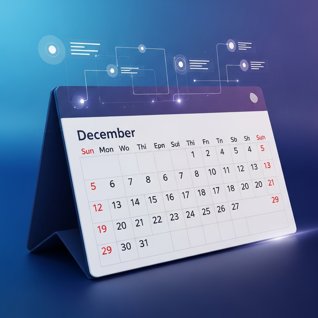 A futuristic, clean illustration of a digital calendar showing the month of December highlighted, with a subtle overlay of a technology roadmap or timeline. Implies future software updates and releases. Modern, blue and purple color palette. No text.