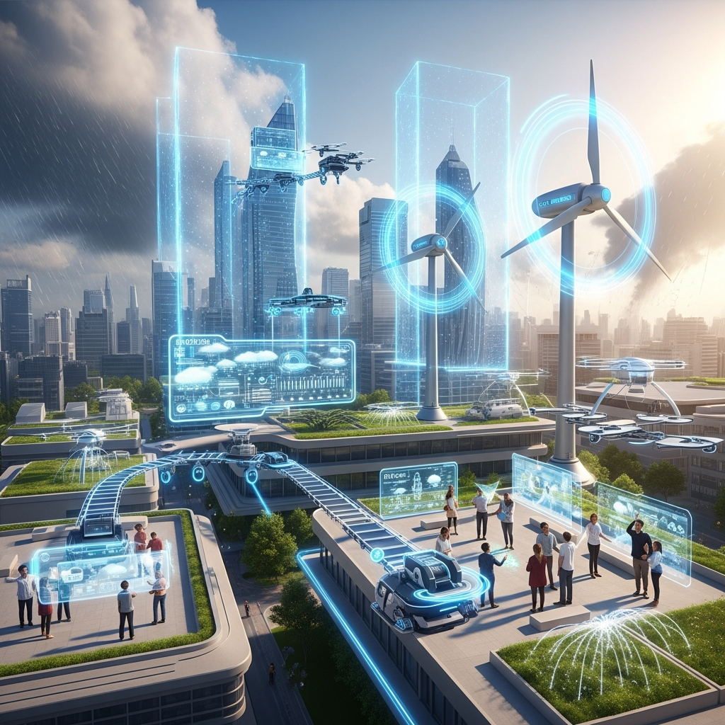 Futuristic scene showing various technologies protecting people from natural disasters, robotic systems monitoring weather, clean energy solutions, educational technology, hopeful and bright atmosphere, no text