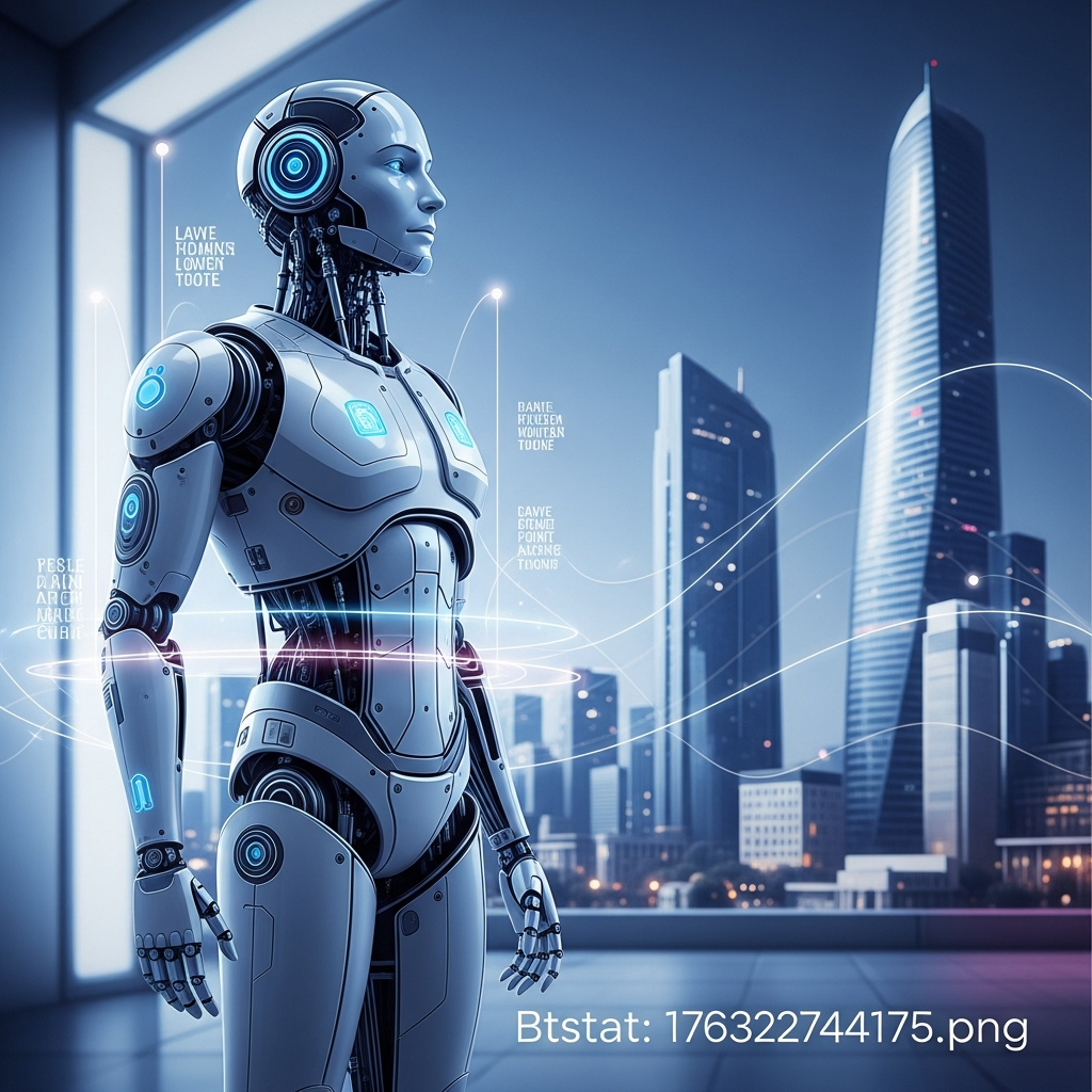 A humanoid robot standing confidently in a modern, futuristic environment, surrounded by subtle glowing lines indicating data flow. The robot has a sleek, metallic design with Korean features, looking towards an advanced city skyline. Style: clean infographic, modern layout, high contrast. Colored background with blue and purple gradients.