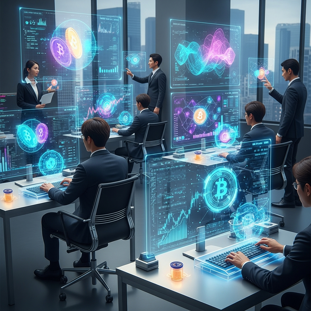 Futuristic cryptocurrency trading environment with holographic displays, digital asset visualizations, modern office setting with Korean professionals working, bright innovative atmosphere, no text.
