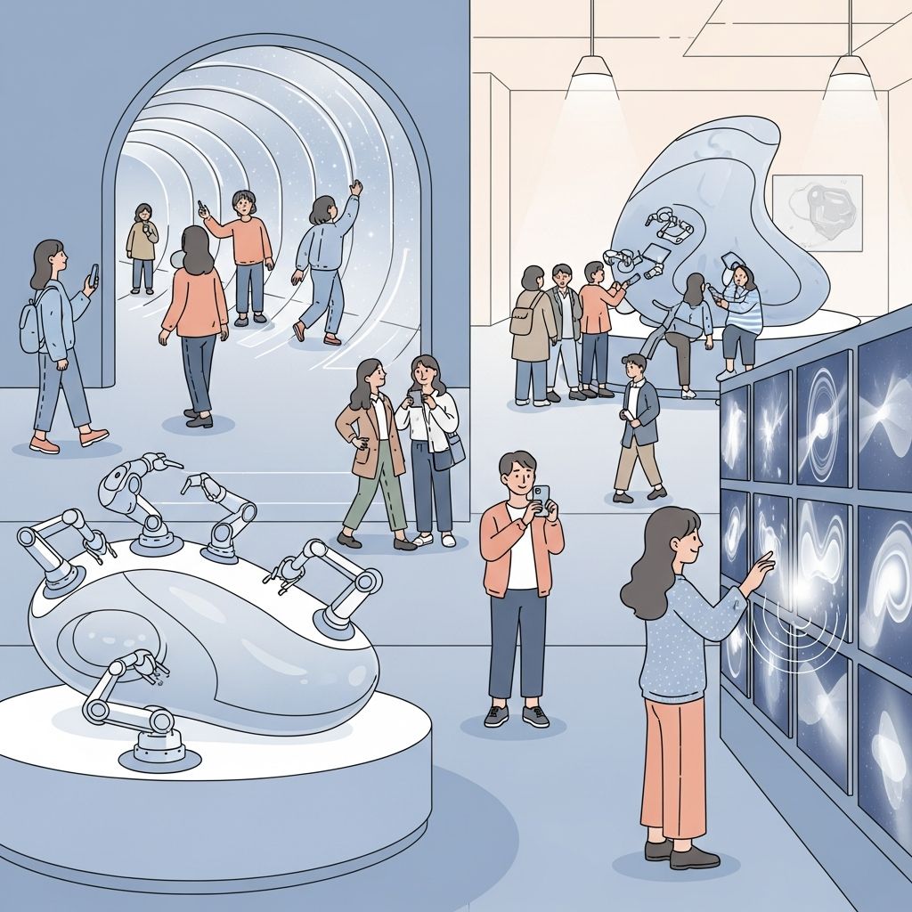 A conceptual image showing diverse people (Korean appearance) interacting with futuristic art installations, some of which feature subtle AI or robotic elements. The atmosphere is curious and optimistic. Style: modern illustration with soft, inviting colors. No text.