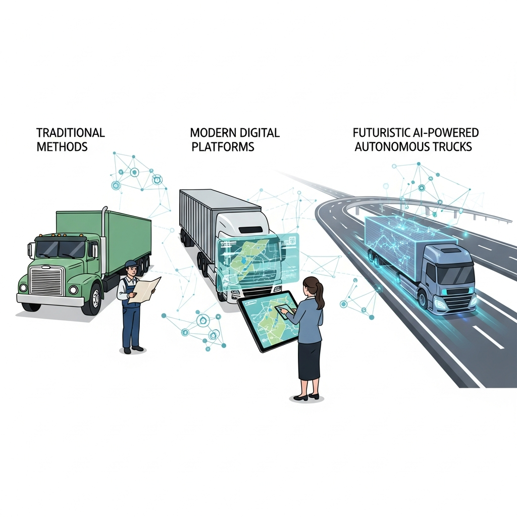 A clean infographic showing the evolution of trucking, from traditional methods to modern digital platforms and futuristic AI-powered autonomous trucks. Emphasize connectivity and efficiency. Korean people in the context. No text in image.