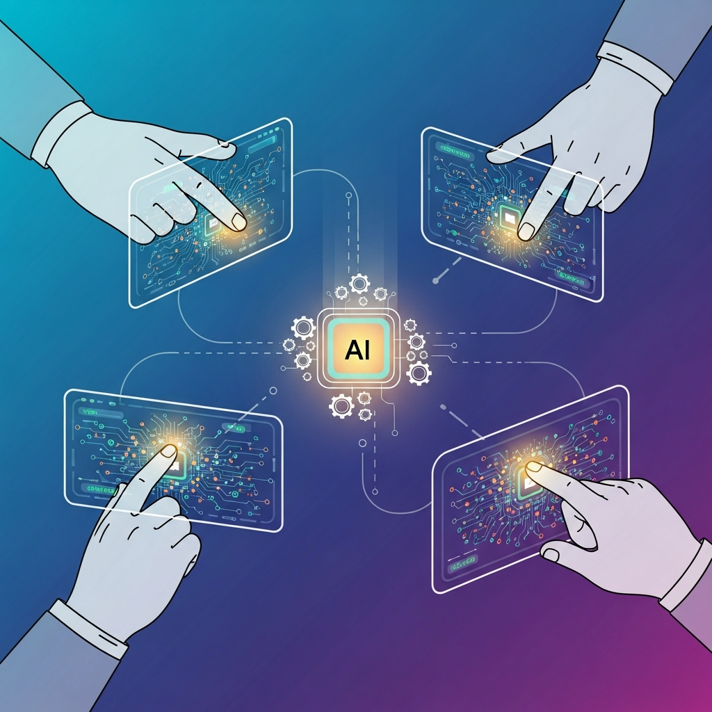 An illustrative scene depicting ethical data usage in a futuristic internet environment. Stylized hands interacting with secure digital interfaces, showing protected data flows and responsible AI processing. Clean infographic style with a gradient background, emphasizing security and privacy. No text.