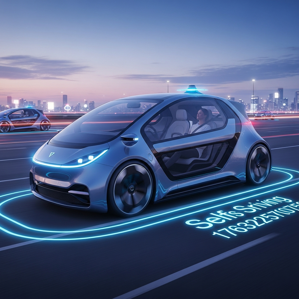 A modern, sleek autonomous robotaxi driving on a futuristic city street at dusk, with digital lines indicating its self-driving path. The interior subtly shows a person relaxing, not actively driving. In the background, there's a faint representation of other self-driving vehicles and a clean urban landscape with glowing city lights. Style: futuristic illustration, high contrast, rich details. No visible text. Colored gradient background. Bright, balanced lighting.