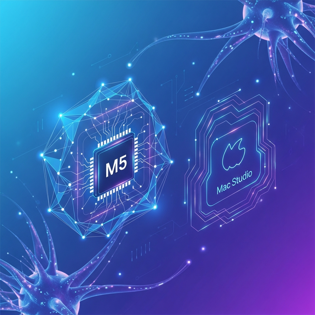 Abstract illustration of advanced AI development environment, featuring glowing neural networks and subtle representations of M5 chips and Mac Studio. Clean infographic style, modern layout, high contrast, blue and purple gradient background. No visible text.