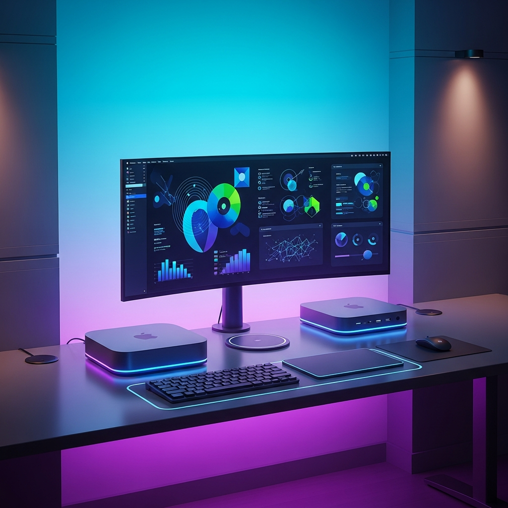 Futuristic and sleek Mac mini concept, modern desk setup, glowing elements, professional office environment, clean infographic style, high contrast, colored gradient background, no text