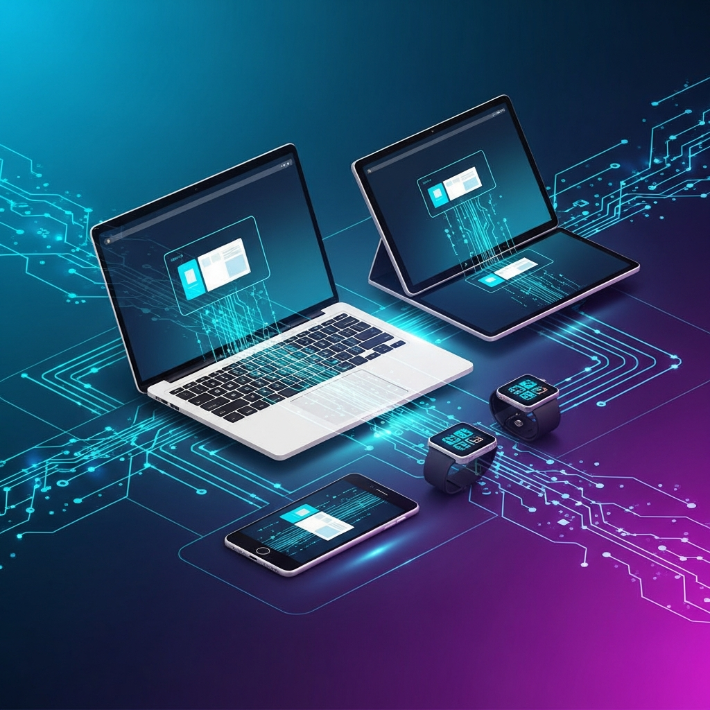 A dynamic, sleek illustration of interconnected digital devices (laptop, tablet, smartphone, watch) forming a seamless ecosystem. Glowing lines represent data flow and connectivity. The background is a futuristic, gradient blue and purple. Style: clean infographic, modern layout, high contrast. No text.