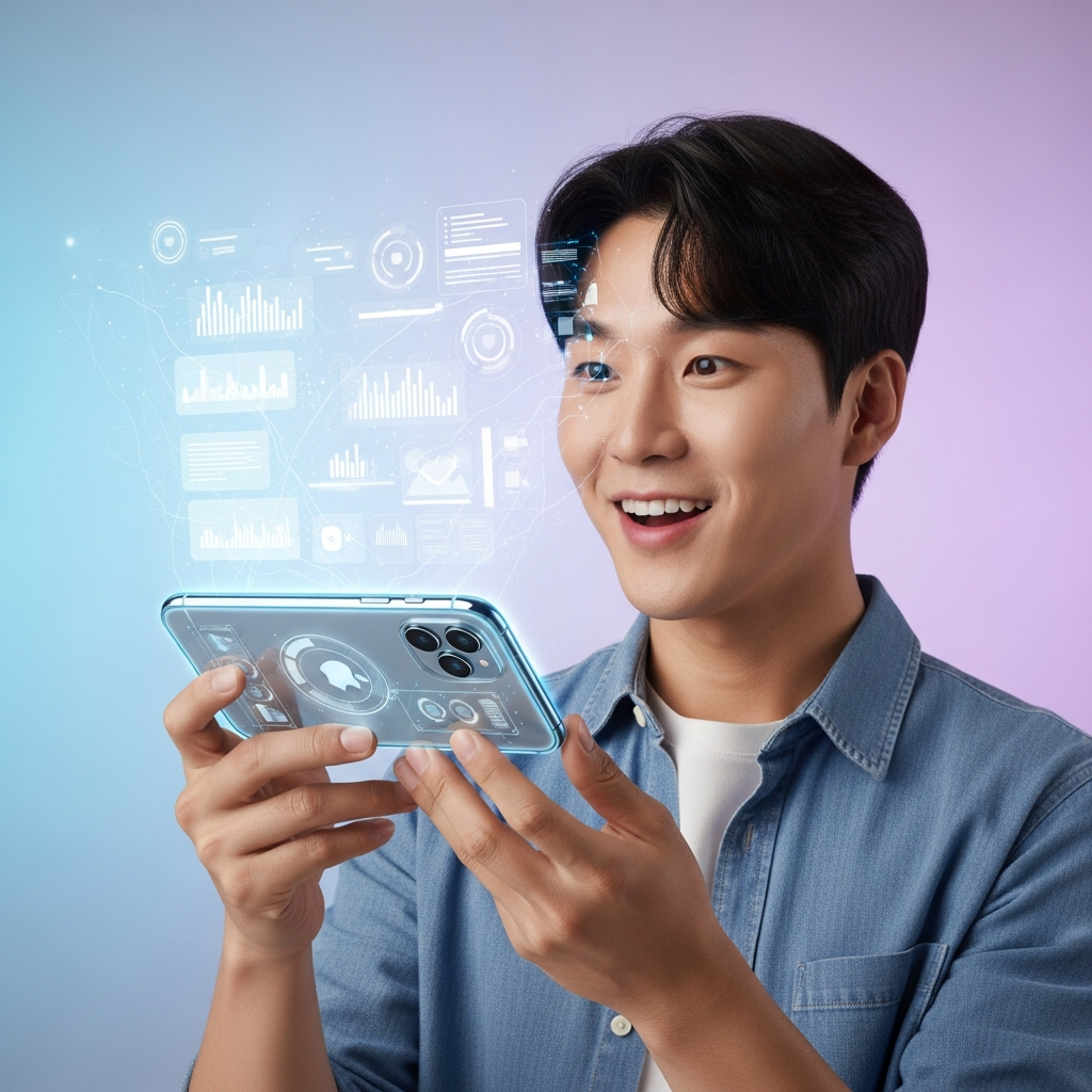 A Korean person interacting with a sleek, futuristic iPhone, experiencing innovative technology with a positive and engaged expression. The background is a soft, glowing gradient of tech-inspired colors, emphasizing connection and future. Centered focus, no empty margins, no visible text.