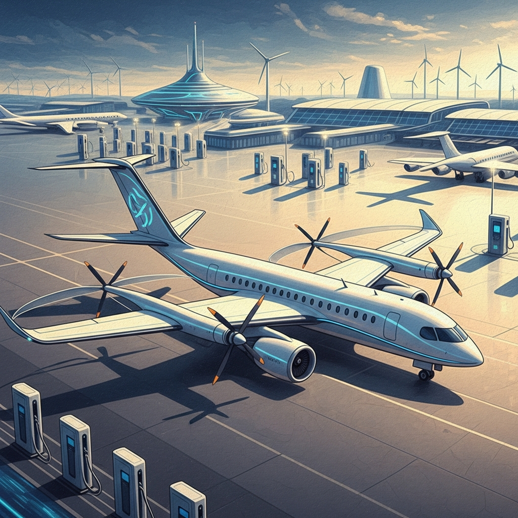 A conceptual hybrid aircraft with a distinctive blend of electric propellers and sleek jet engines. The design emphasizes aerodynamic efficiency and modern aesthetics. The background features a futuristic airport with charging stations and green energy infrastructure. No visible text. Style: illustration, artistic rendering, textured background.
